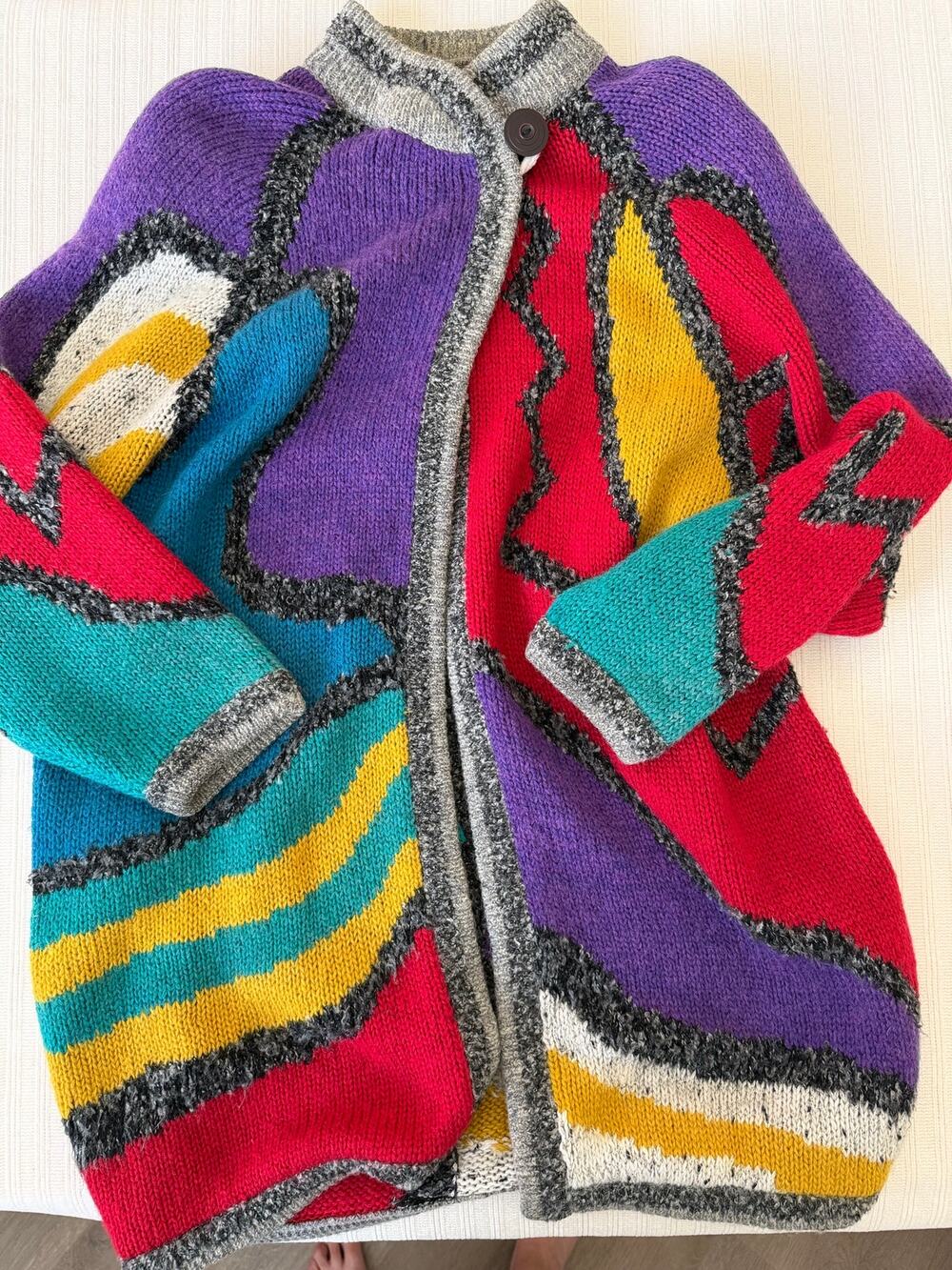 Tony Lambert Vintage 80s Abstract Colorblock Wool Blend Cardigan Sweater Dress M